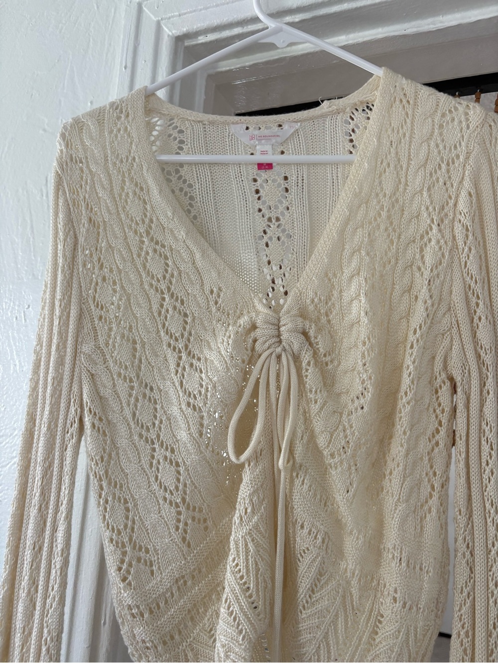 No Boundaries Cream Openwork Crochet Drawstring Top
